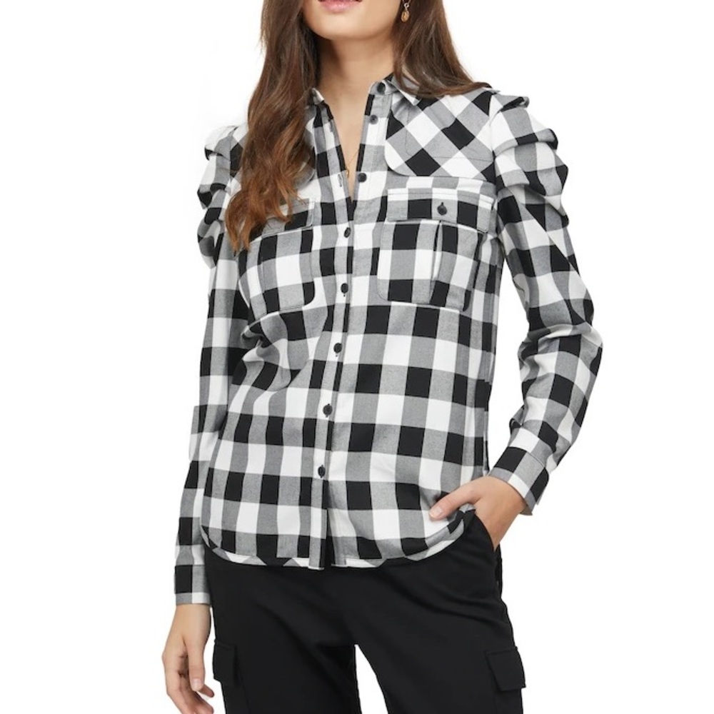 NWT Badgley Mischka Button Down Plaid Shirt With Sleeve Detail